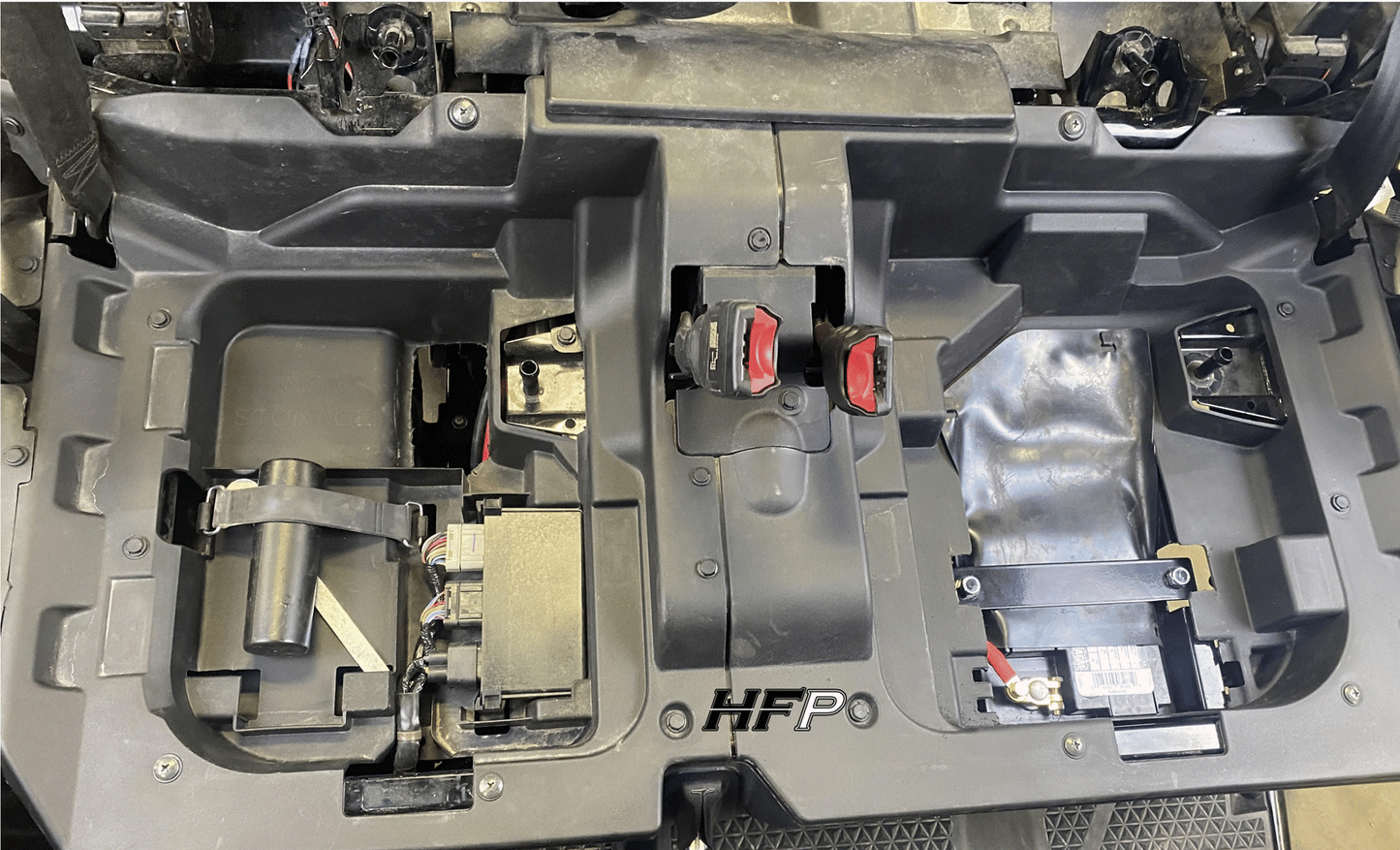 Honda Pioneer 500 and Pioneer 520 Battery Box Relocation Kit. Honda Pioneer 500 battery box. Honda Pioneer 520 battery box. Kit fits large battery under driver's seat. Honda Pioneer battery box