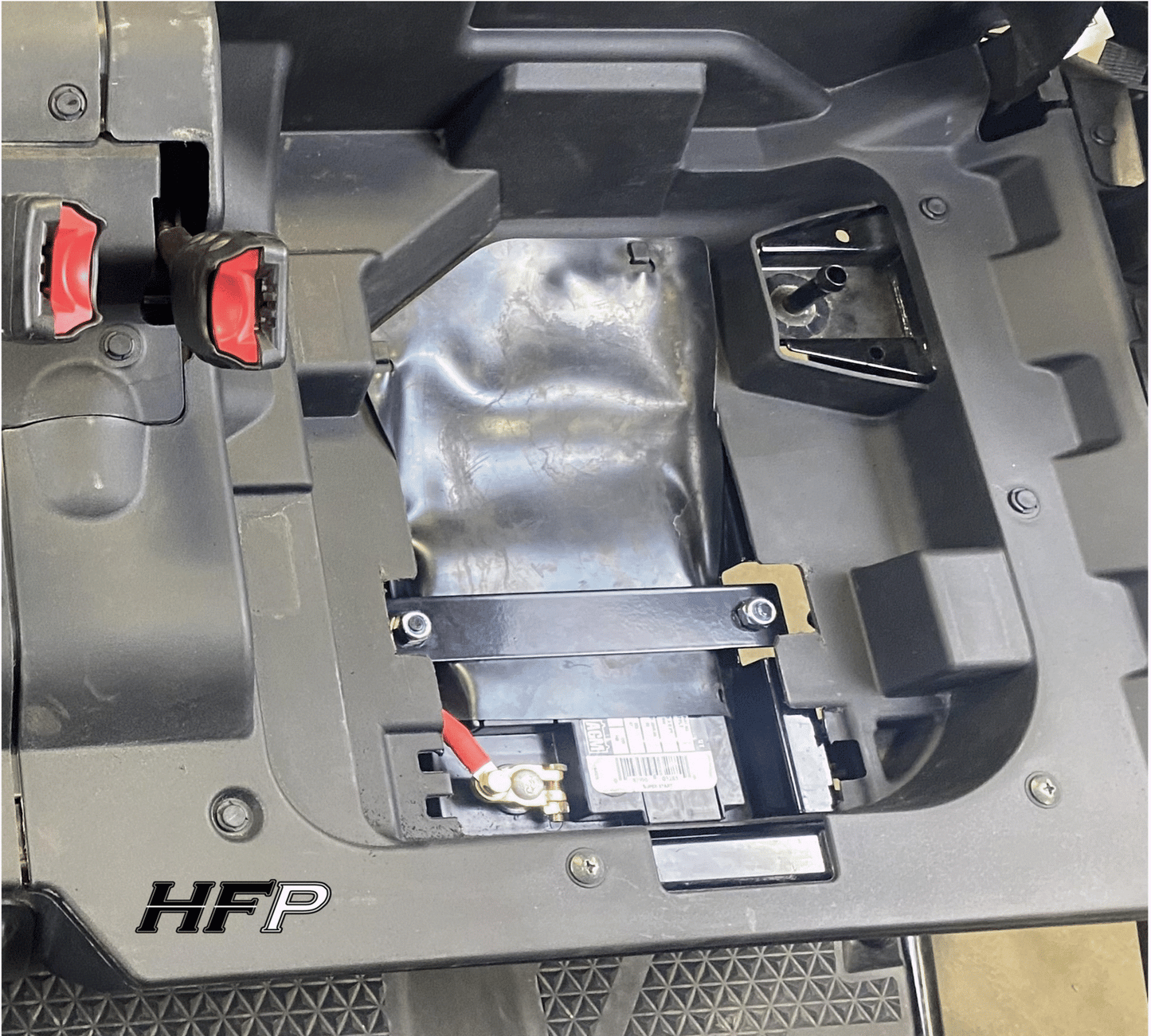 Honda Pioneer 500 and Pioneer 520 Battery Box Relocation Kit. Honda Pioneer 500 battery box. Honda Pioneer 520 battery box. Kit fits large battery under driver's seat. Honda Pioneer battery box